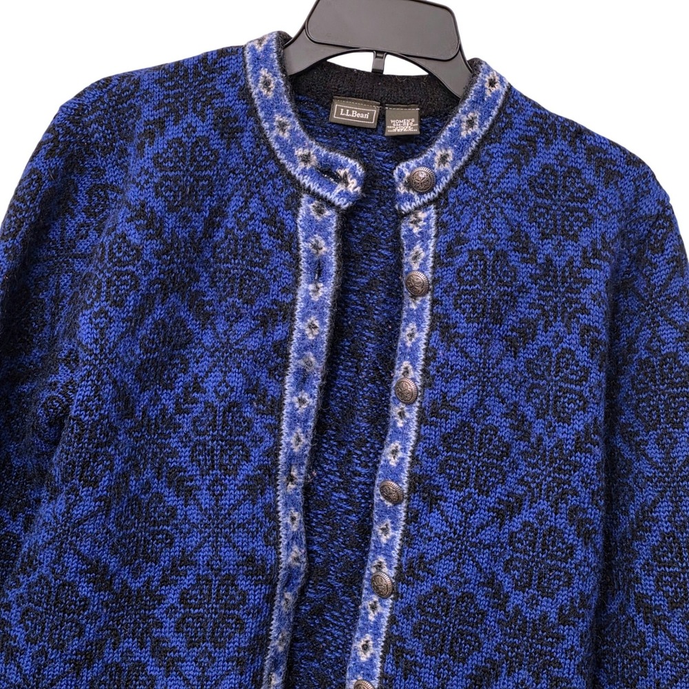 LL Bean Womens Small Blue 100% Merino Wool Fair Isle Nordic Cardigan Sweater